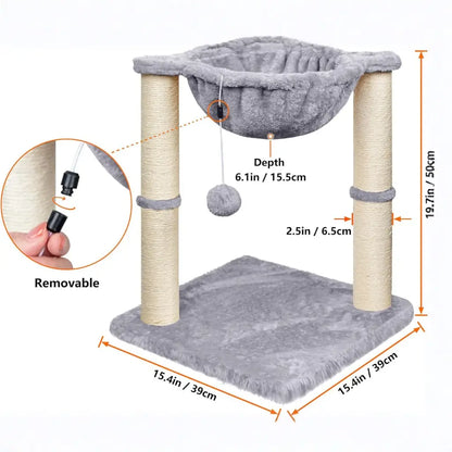 Cat tree with dimensions and features highlighted on a white background