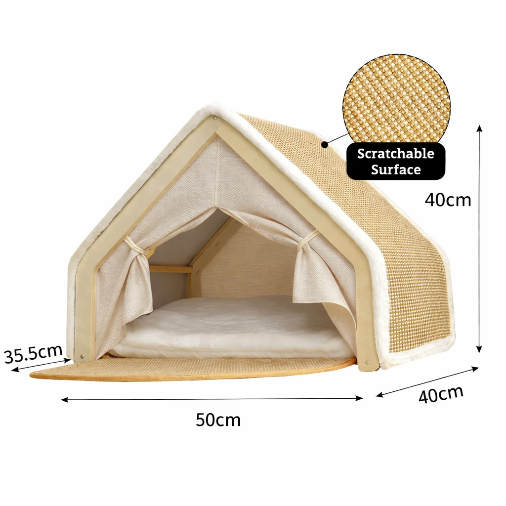 Wooden Cat House With Scratching Mat