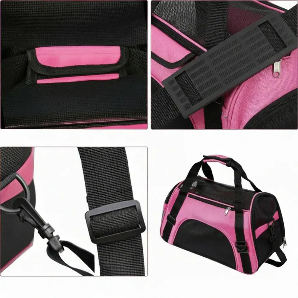 Collage of a pink and black pet carrier with straps and zippers