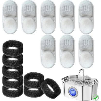 Collection of white and black foam filters with a water filter system on a white background