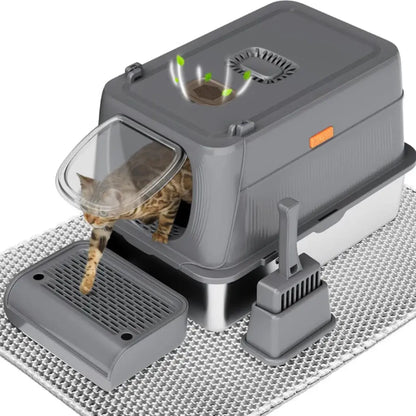 Dark gray cat litter box with a cat peeking through on a white background