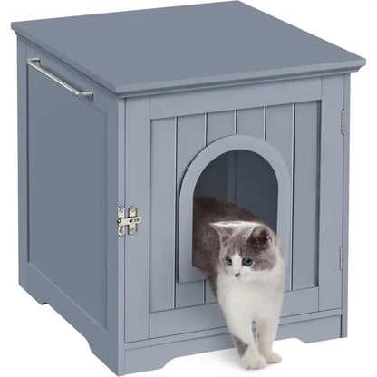 Dark gray wooden cat litter box with a cat peeking out on a white background