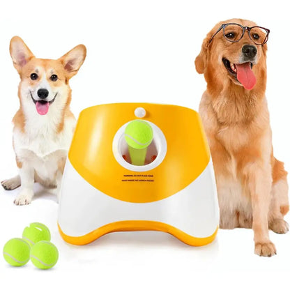 Dog toy dispenser with tennis balls and two dogs on a white background