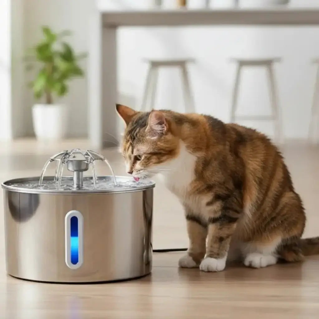 Stainless Steel Cat Water Fountain 2.2L LED Light Triple Filtration - Pupporia