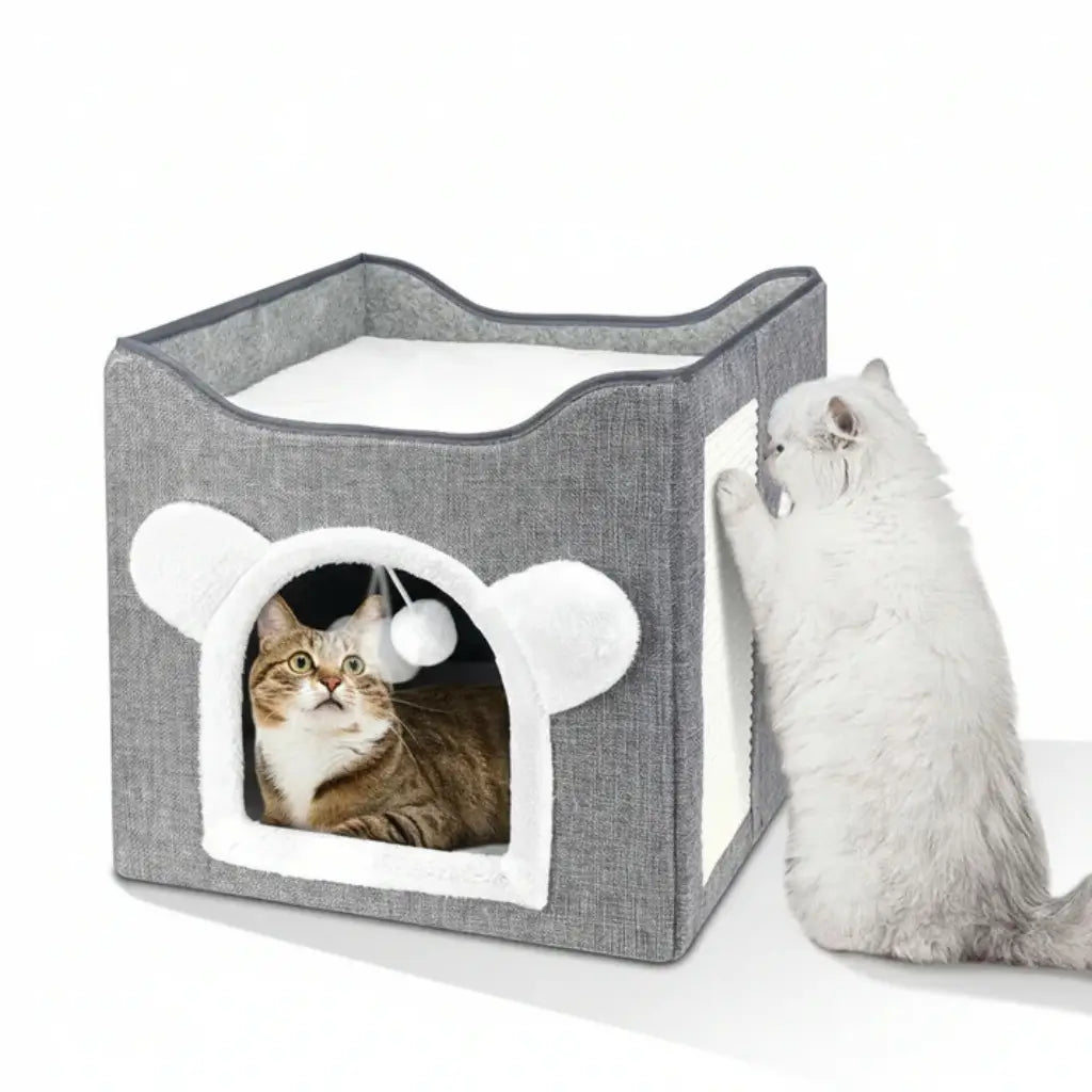 Cat Hideaway Bed Condo with Scratching Pad and Toy - Pupporia