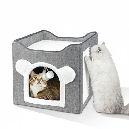 Cat Hideaway Bed Condo with Scratching Pad and Toy - Pupporia