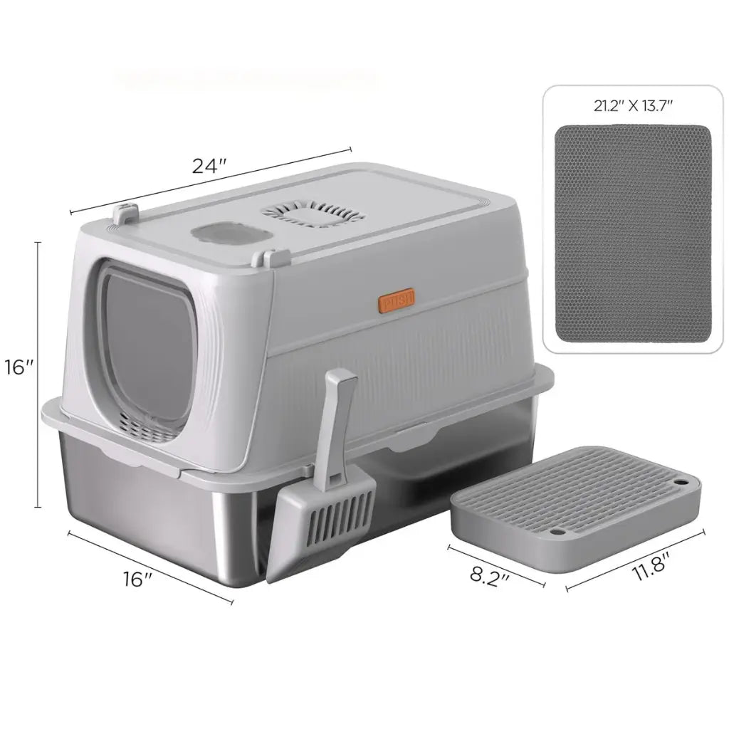 Gray pet litter box with dimensions and material texture inset on a white background