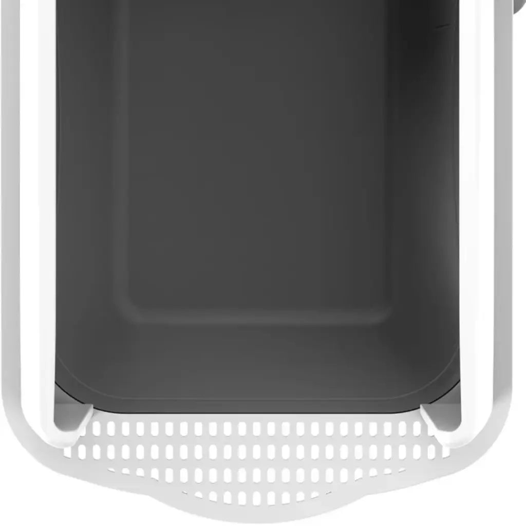 Gray plastic litter box with white perforated base on a white background