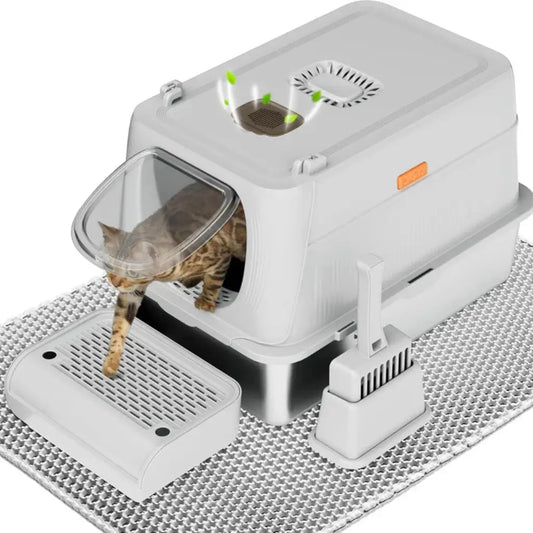 Large Stainless Steel Cat Litter Box Enclosed Removable Tray - Pupporia