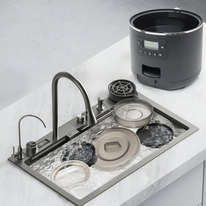 Modern kitchen sink with automatic pet feeder components on a light gray background