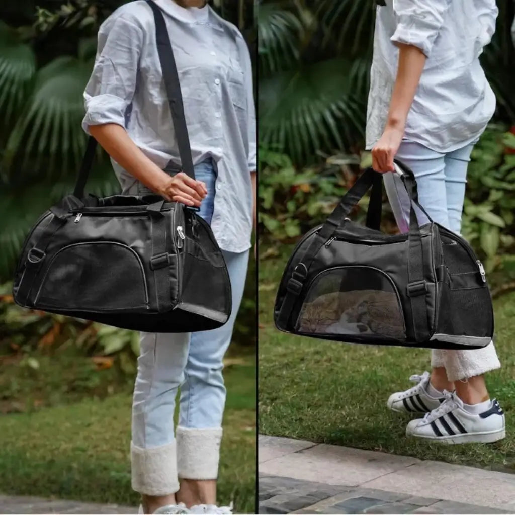 Person holding a black pet carrier in two different settings