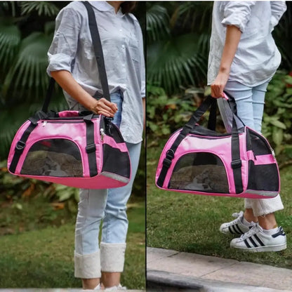 Person holding a pink pet carrier with black straps in two different poses outdoors