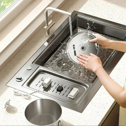Person washing a stainless water fountain in a modern kitchen sink with a window in the background