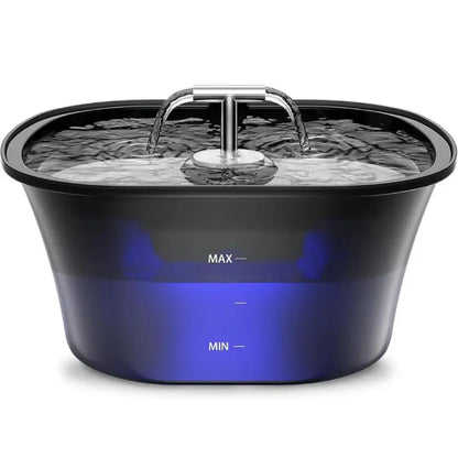 Pet water fountain with black top on a white background