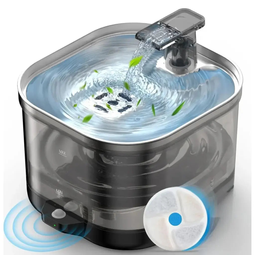 Pet water fountain with water flowing and a filter on a white background