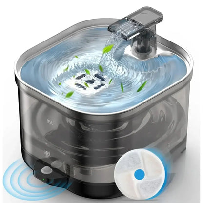 Pet water fountain with water flowing and a filter on a white background