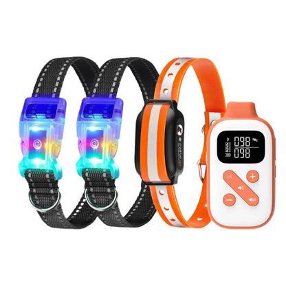 Rechargeable Anti Bark Dog Collar & Remote Controller Remote + 3 Collars (Orange + 2 LED)