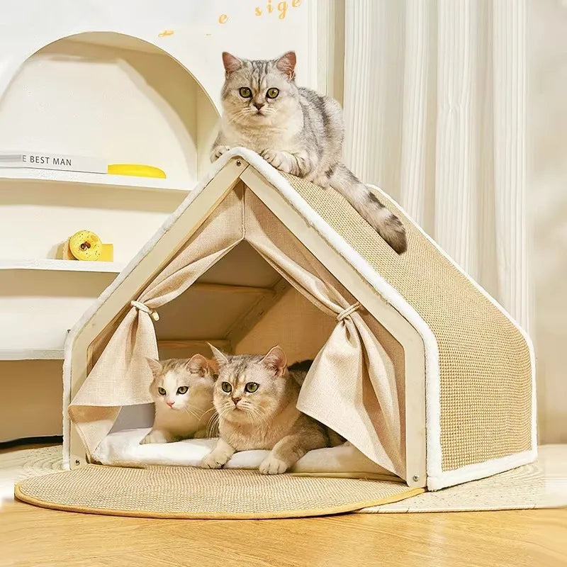 Wooden Cat House With Scratching Mat