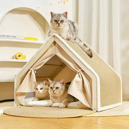 Wooden Cat House With Scratching Mat