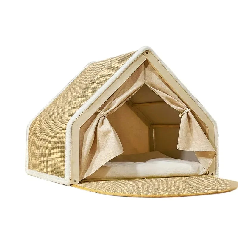 Wooden Cat House With Scratching Mat