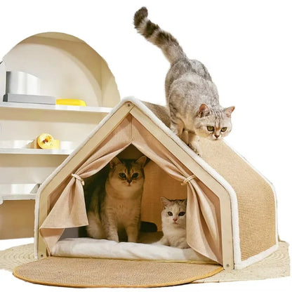 Wooden Cat House With Scratching Mat