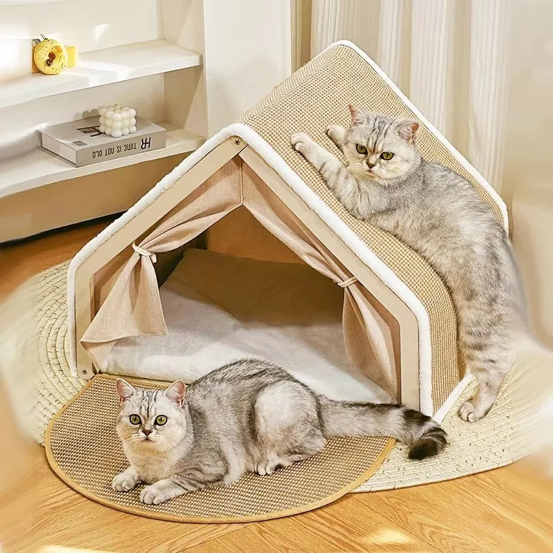 Wooden Cat House With Scratching Mat