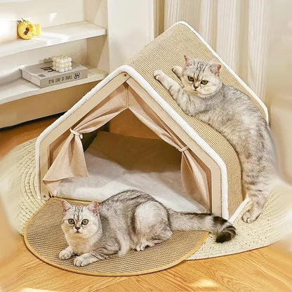 Wooden Cat House With Scratching Mat
