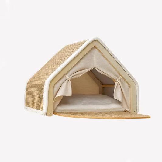 Wooden Cat House With Scratching Mat - Pupporia