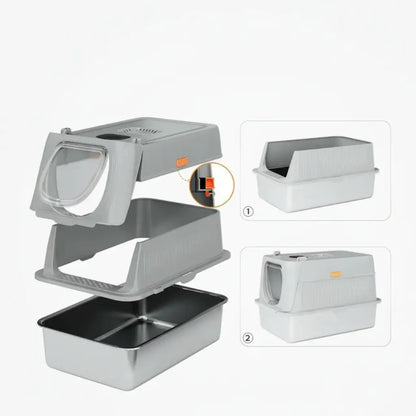 Set of litter boxes views with various compartments on a white background