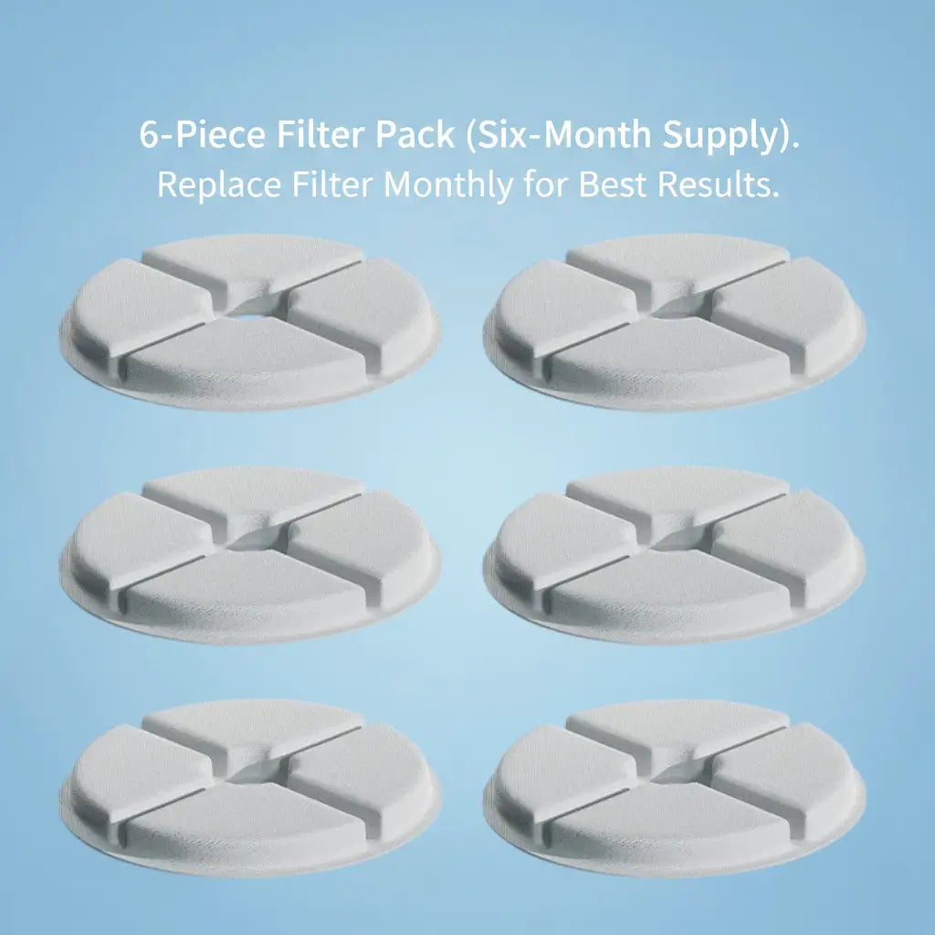 Six-piece filter pack on a blue background with text about filter replacement frequency