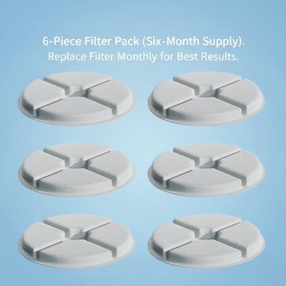 Six-piece filter pack on a blue background with text about filter replacement frequency