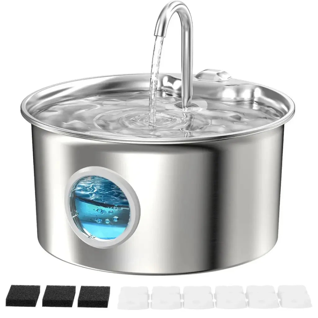 Stainless steel pet water fountain 6 filters and 3 sponges on a white background