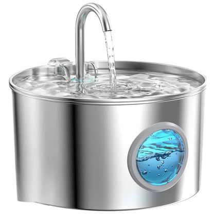 Stainless steel pet water fountain with water flowing out on a white background