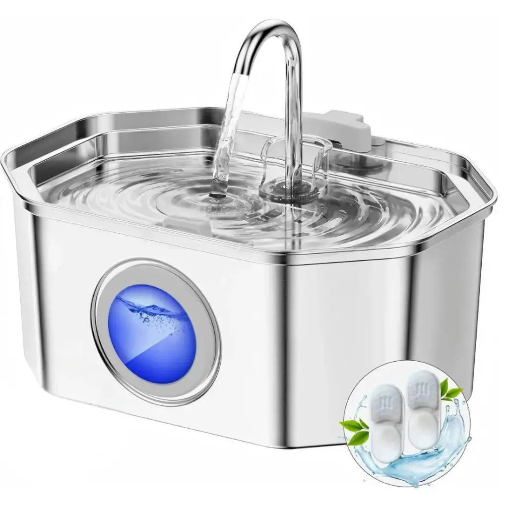 Stainless steel pet water fountain with water level display on a white background