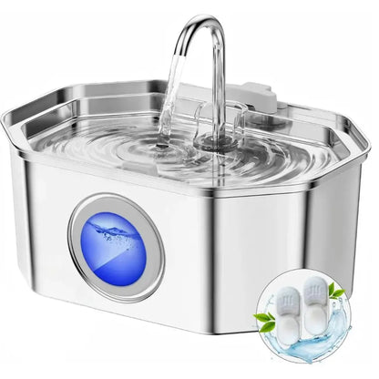 Stainless steel pet water fountain with water level display on a white background
