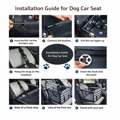 Step-by-step installation guide for a dog car seat with visual instructions