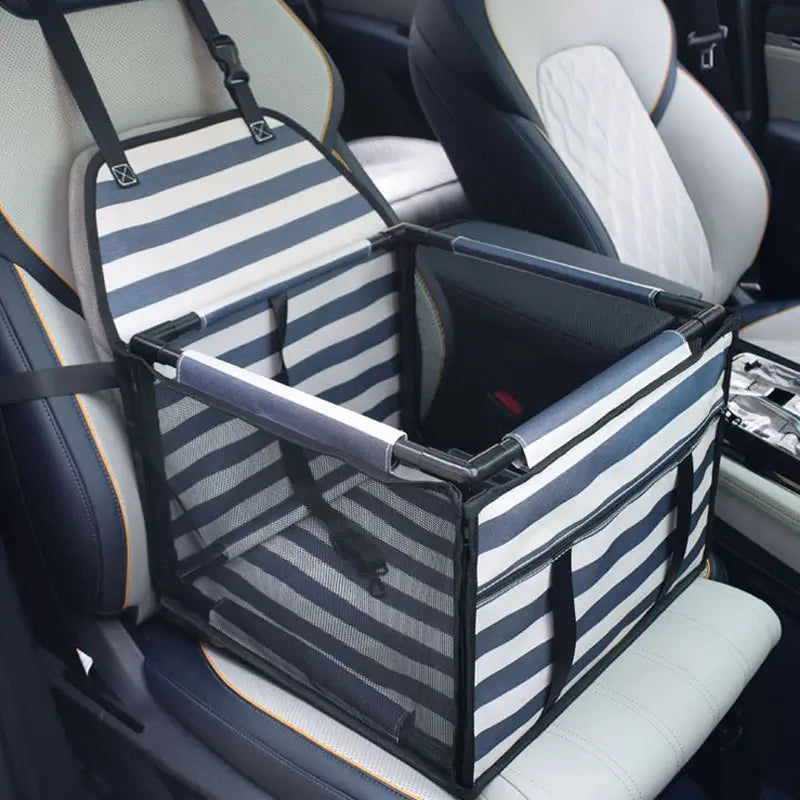 Stripe SeatGuard foldable dog car booster seat installed on a car front seat