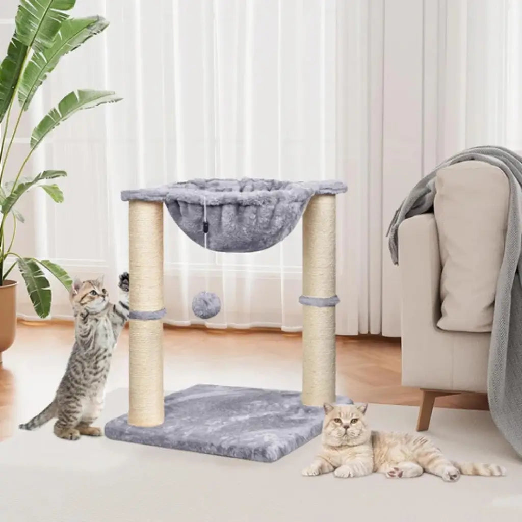 Two cats playing with a ball on a cat tree in a living room