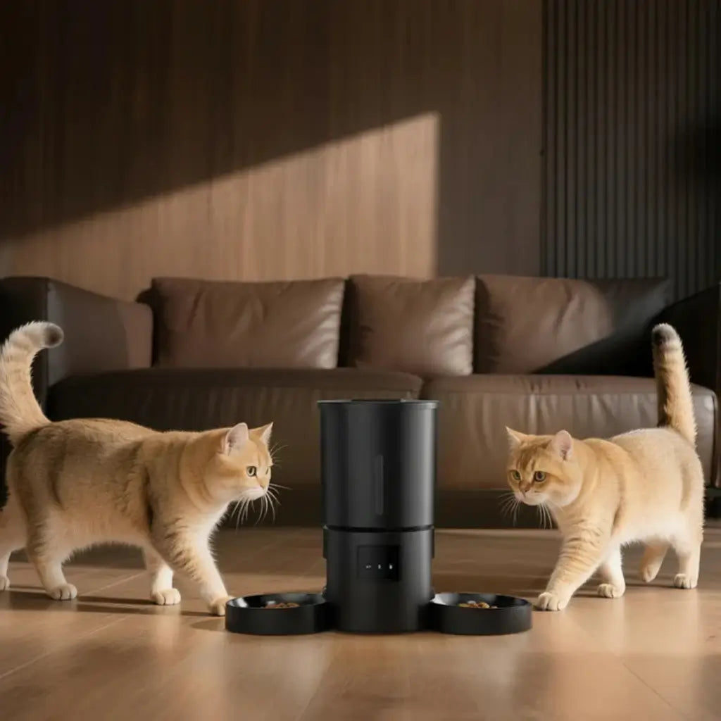 Two cats standing on a wooden floor with a black pet feeder and bowls in front of a brown sofa