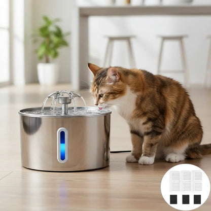 Stainless Steel Cat Water Fountain 2.2L LED Light Triple Filtration