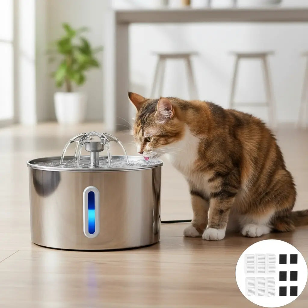 Stainless Steel Cat Water Fountain 2.2L LED Light Triple Filtration