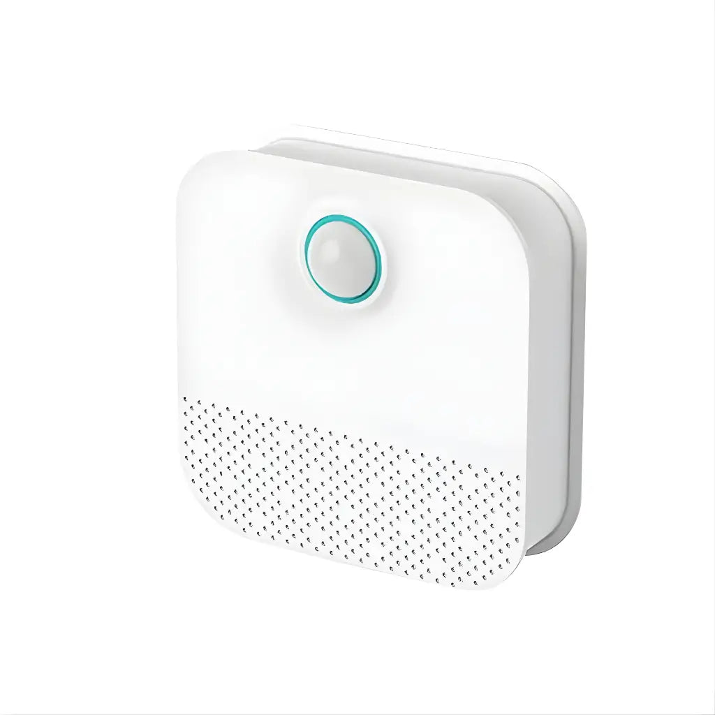 White air purifier with a green button on a white background