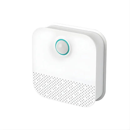 White air purifier with a green button on a white background