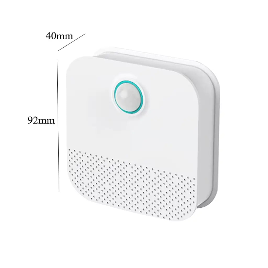 White air purifier with a green button, showing dimensions on a white background