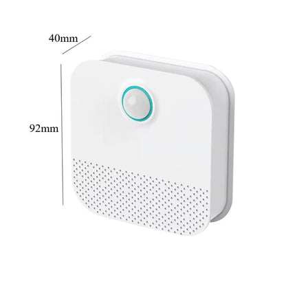 White air purifier with a green button, showing dimensions on a white background