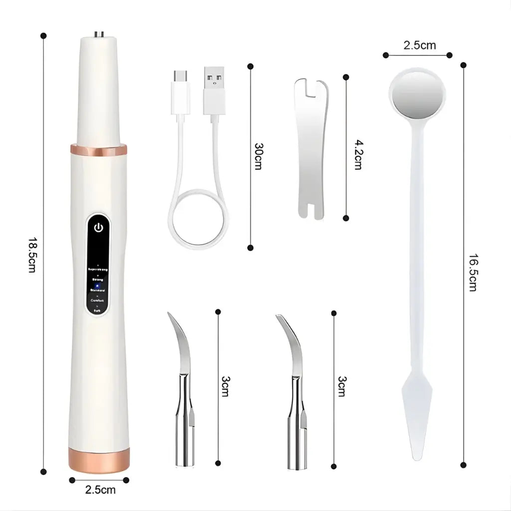 White and rose gold dog tartar with various attachments and measurements on a white background