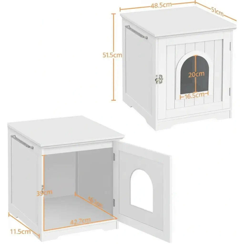White wooden cat litter box with dimensions indicated on a white background