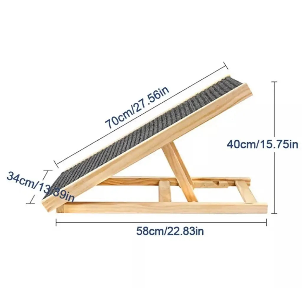 Wooden pet ramp with dimensions labeled on a white background