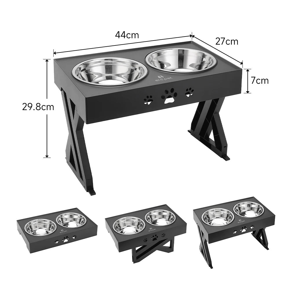 Adjustable Raised Dog Feeder Stainless Steel 2 Bowls