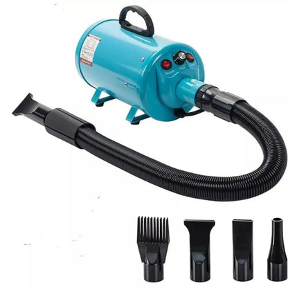 blue hair dryer with black attachments on a white background